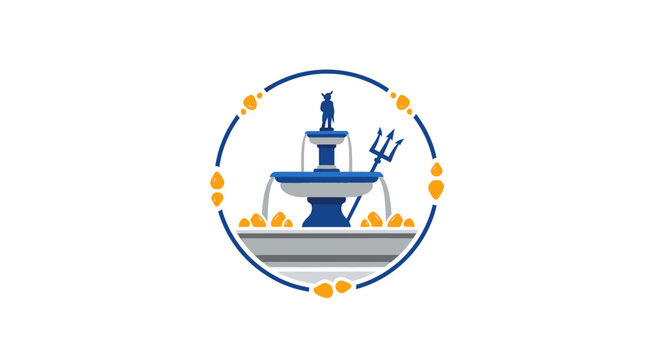 Illustrated Blue Tiered Fountain with Trident and Flowers.