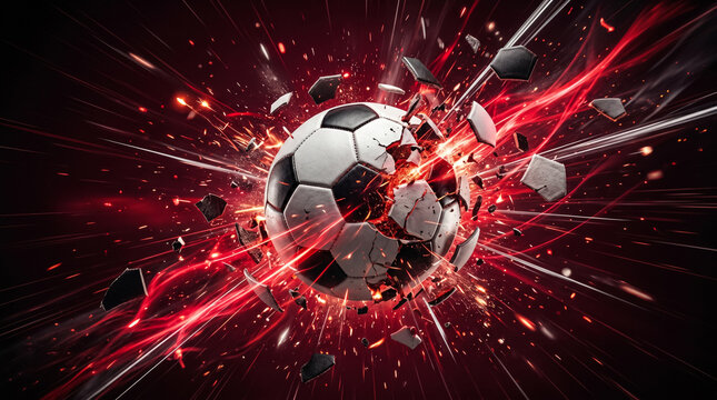 Soccer ball exploding into fragments with intense red light streaks surrounding the core impact zone to capture dynamic energy and powerful motion in this high speed professional sports action photogr