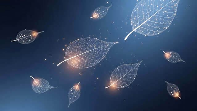 Glowing translucent leaves floating in dark blue space