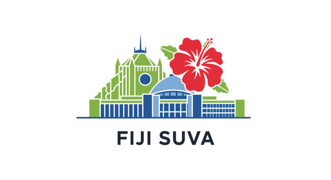 Colorful Fiji Suva City Illustration With Hibiscus Flower.