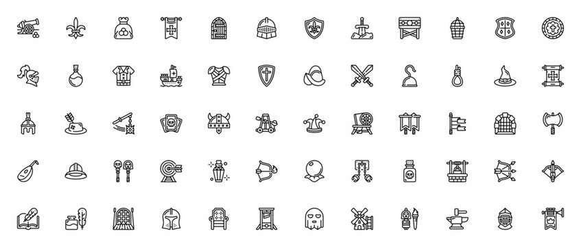 Medieval icon set. Vector illustration of medieval items. Includes cannon, sword, shield, helmet, armor, gate, trebuchet, flags, axe, bow, crossbow and more. Editable vector stroke.