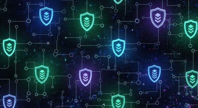Cybersecurity concept with shield icons.