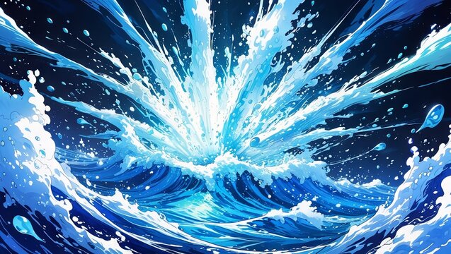 Energetic anime-style water splash effect background with dynamic motion and flowing liquid elements.