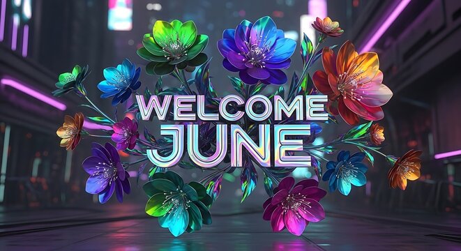 Vibrant neon welcome sign for June celebration with colorful lights.