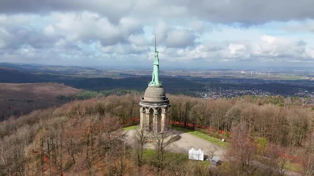 Aerial view of the Hermann Monument in Teutoburg Forest near Detmold, North Rhine-Westphalia, Germany.