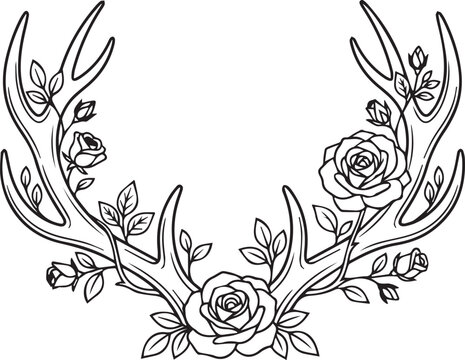 Rustic deer antlers with roses floral arrangement, bohemian hand drawn antler vector illustration, elegant black and white botanical line art