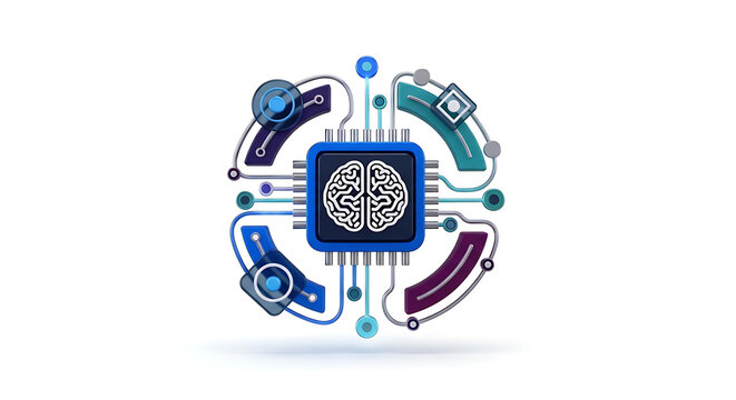 Illustration of a central processing unit with a brain inside surrounded by colorful elements ai generated