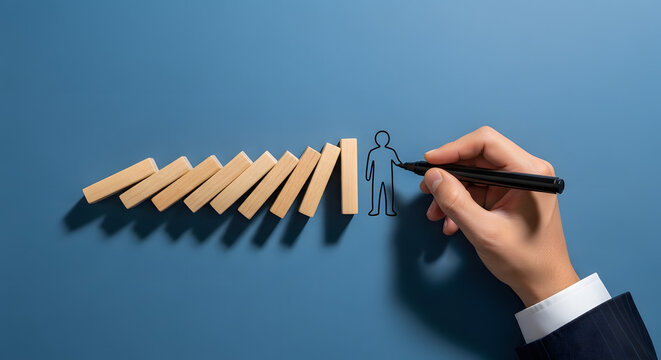Man Drawing Domino Effect with Pen Stopping Falling Blocks