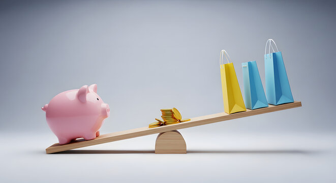 Piggy Bank and Shopping Bags on a Seesaw
