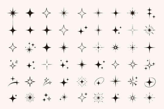 Sparkle stars icon, twinkle star shape silhouette symbols. Minimalist glowing light burst forms, y2k aesthetic cosmic glitter sparkles, magic glint or twinkling effect, boho style elements vector set