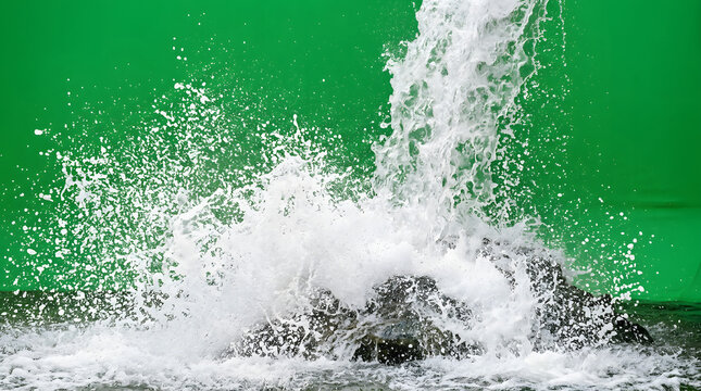 Water splash, green background, liquid collision, dynamic movement