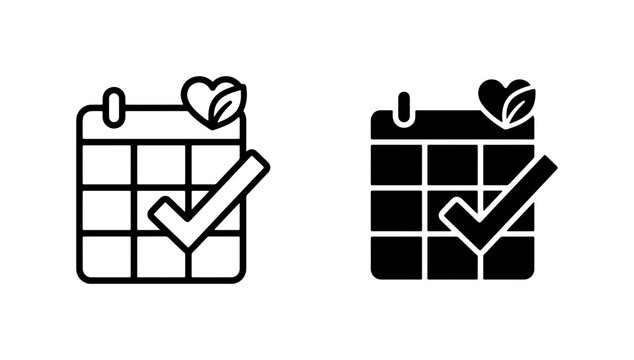 Calendar Icons with Checkmark and Heart-Leaf Symbol, Outline and Solid Fill Vector Graphics for Planning and Wellness