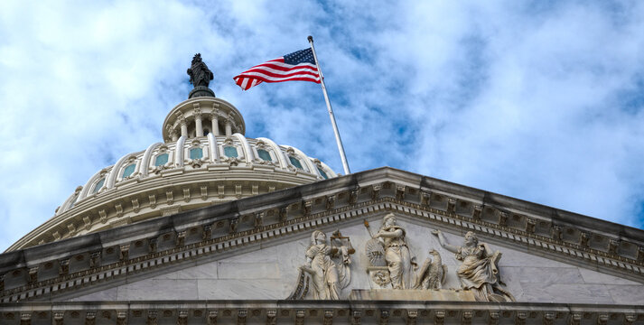 Capitol dome architecture Washington DC. Capitol government building United States Congress. Capitol Hill federal monument USA democracy. Capitol iconic landmark sky clouds.