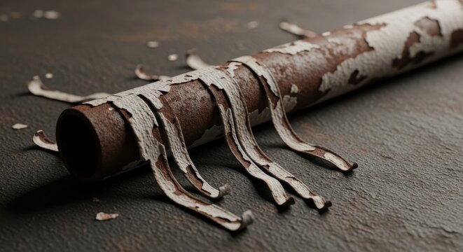 Closeup of a weathered, rusted metal pipe with peeling white paint strips curling off the surface on a dark background