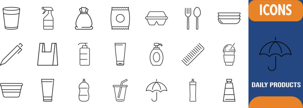 Everyday consumer products outline icons. cup icon set, bottle icon set, comb icon set