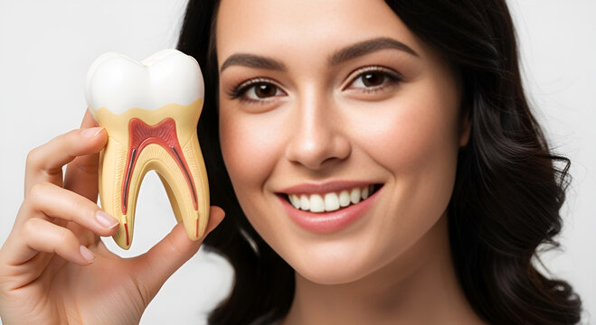 Beautiful young Asian woman smiling happily while holding an anatomical tooth model to promote oral hygiene, white teeth, and dental care.