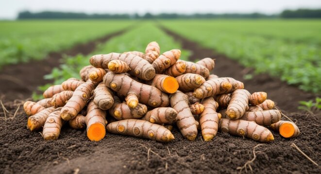 Freshly harvested organic turmeric roots piled on dark soil in a farm field, closeup view of raw turmeric rhizomes