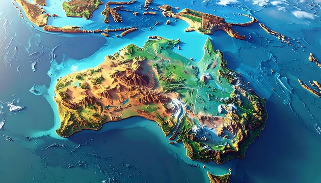 A colorful 3D illustration of Australia and surrounding waters