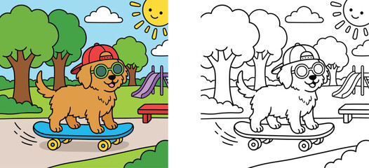 Coloring book page for children with cute cartoon dog riding a skateboard in a park, color and outline versions of puppy wearing sunglasses and cap © MMONIR