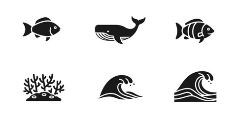Collection of various aquatic and oceanic lifeforms and elements including fish, whale, coral reef, and waves for graphic design and illustration purposes © ARIF