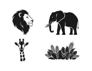 Fototapeta premium Stylized vector collection featuring majestic safari animals like lion, elephant, giraffe, and lush tropical foliage illustrations for diverse design projects