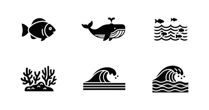 Set of ocean and sea creature icons including fish, whale, waves, and coral reefs, representing marine life and aquatic environments