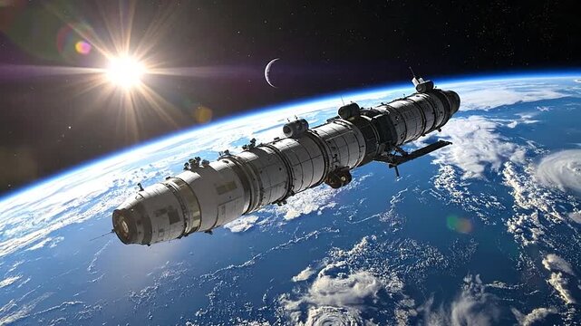 A large modular space station orbits above a bright blue planet