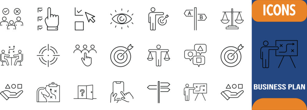 Strategic planning and business decision icons. target icon set, scales icon set, signpost icon set
