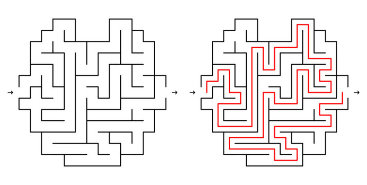 A simple maze puzzle with an apple-shaped solution on a white background