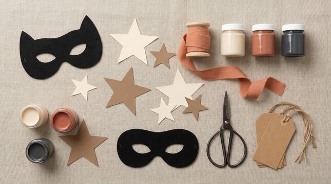 Craft supplies including black masks, paper stars, paint jars, and ribbon on linen. Artistic DIY project setup with warm earthy tones. Ideal for creative workshops or holiday preparation blogs.