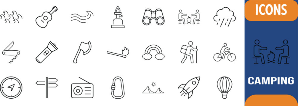 Camping hiking adventure line icons. binoculars icon set, compass icon set, flashlight icon set