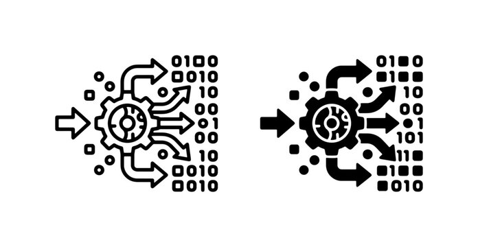 Data Processing Icons, Binary Code Transformation Symbols, Algorithm Flowcharts, Digital Information Management Graphics, Technology Workflow Vectors