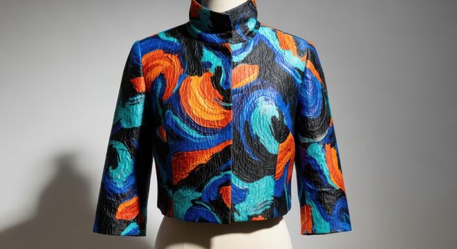 Stylish cropped jacket with vibrant abstract swirl pattern in blue, orange, and black colors on a mannequin