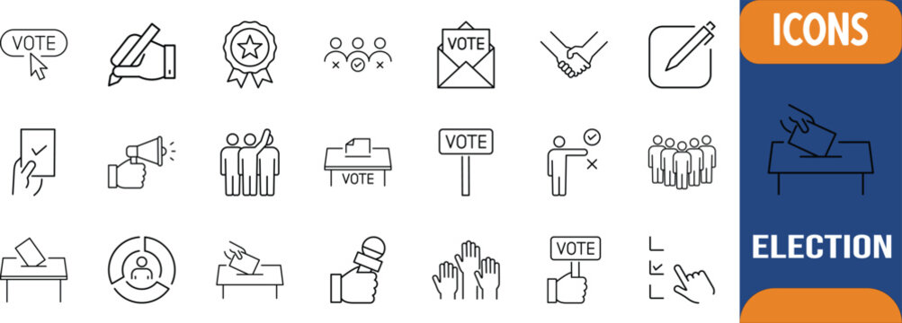Election and voting outline icons. vote icon set, megaphone icon set, voter icon set