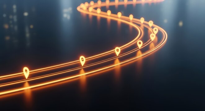Abstract path with glowing map pins representing navigation, logistics, and digital connectivity on a dark background