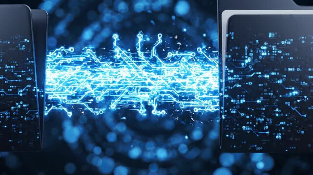 Two black digital folders connected by glowing blue circuit patterns and flowing data particles on bokeh background, concept for data transfer, cloud synchronization and digital storage
