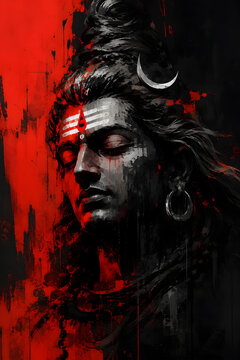 creative artistic modern abstract paint portrait art of lord shiva with red and black color 