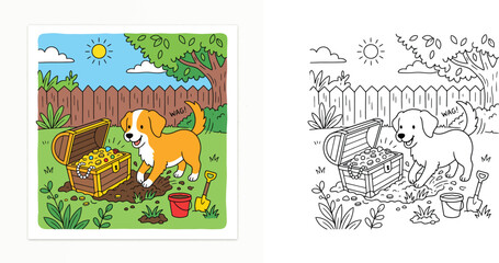 Fototapeta premium Cute dog digging up a treasure chest in the backyard, colored vector illustration and black and white line art coloring page for kids