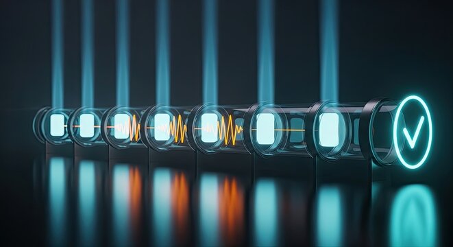 A futuristic illustration of a row of glowing blue circuit components with a verified checkmark on the right, representing technology and innovation in electronics