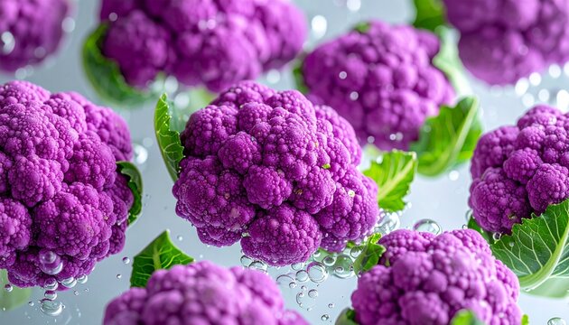Dramatic macro shot of vibrant purple cauliflower heads floating underwater with green leaves and crystal water bubbles on grey background

