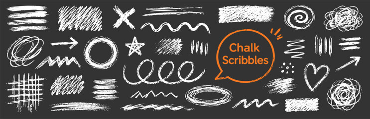 Collection of various hand-drawn chalk textures, scribbles, shapes, arrows, and lines on a dark blackboard background for creative design projects. © Zbrake Studio
