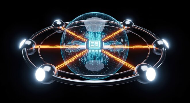 Futuristic digital illustration of an atom with glowing blue and orange lines and a microchip at its center on a black background