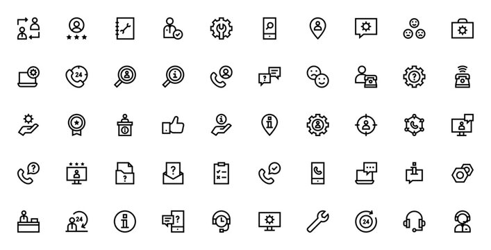 Customer service icon set. Minimal vector icons pack. Support, call center, helpline symbols. Includes communication, rating, employee, repair, search, settings, 24 hours, help, conversation, technica