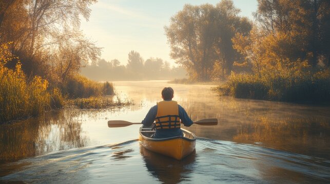 Person Paddling Kayak on Misty Autumn River