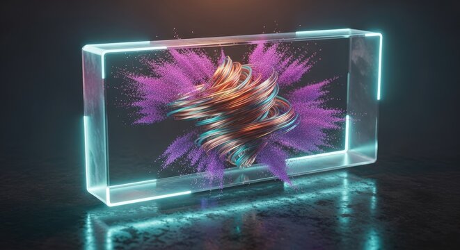 Glowing rectangular prism with vibrant purple and orange neon lights on a dark background with reflection