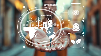 Fototapeta premium Hands Holding Global Map with Wind Energy Symbols and Icons for Sustainable Development and Renewable Resources Concept in Urban Background
