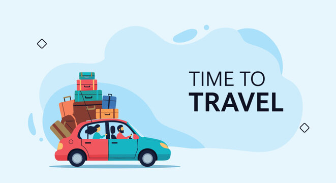 Family car heavily loaded with colorful luggage for a summer road trip adventure and vacation travel experience.