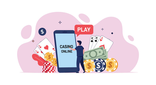 Online gambling concept with a man playing casino games on his smartphone surrounded by poker cards and chips.
