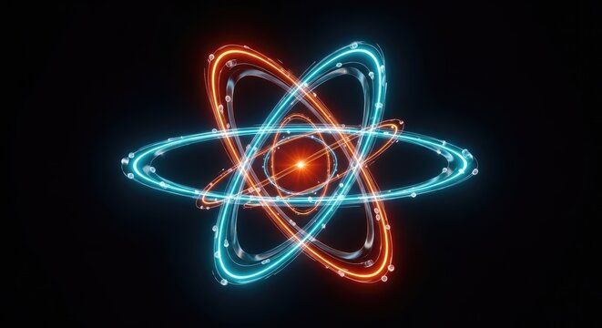 Vibrant digital illustration of an atom with glowing blue and orange electron orbits around a bright red nucleus on a dark background