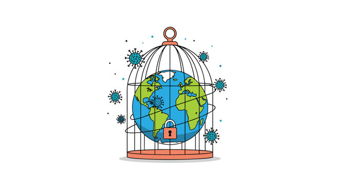 Earth trapped in a birdcage surrounded by floating viruses representing the global pandemic and city lockdown.